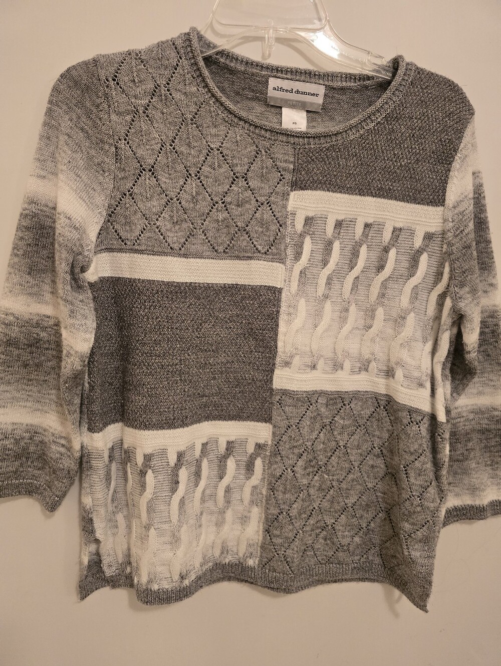 Alfred Dunner Women's Gray and White Patchwork Crewneck Sweater Small Petite